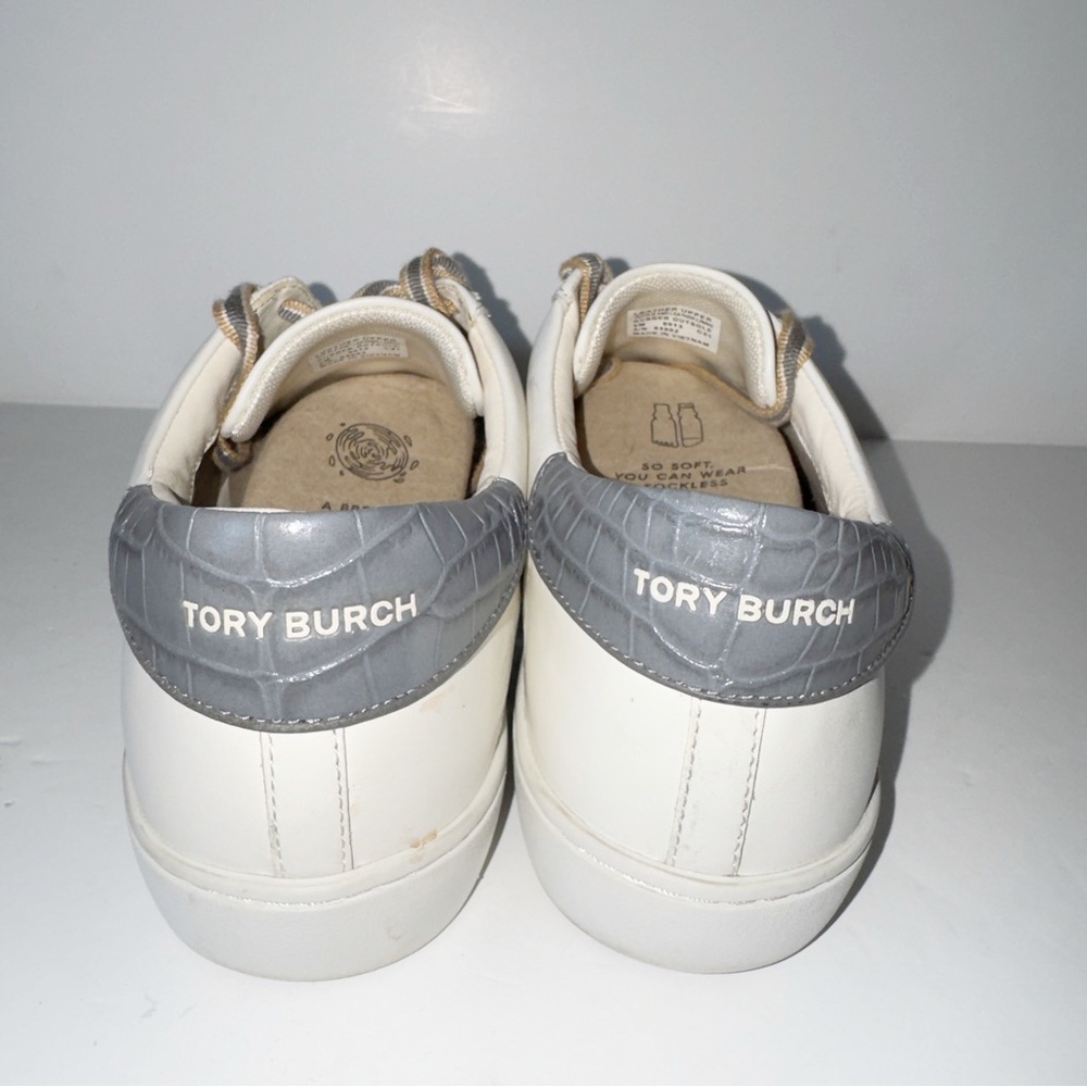 Tory Burch Leigh T-Logo Sneaker White/Gray Croc Sz 9 Athleisure Casual Everyday - Picture 11 of 14